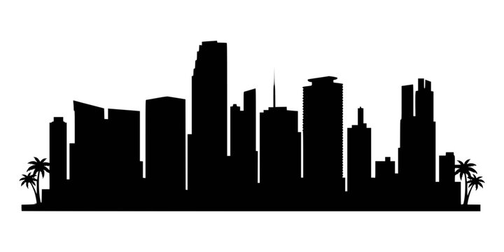 Black silhouette of a modern city skyline with palm trees on white background
