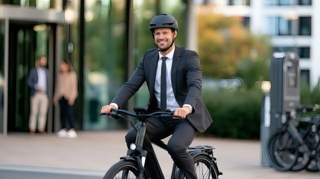 Businessman in a suit and helmet riding a bicycle to work in the city, promoting eco-friendly urban commuting and healthy lifestyle.
