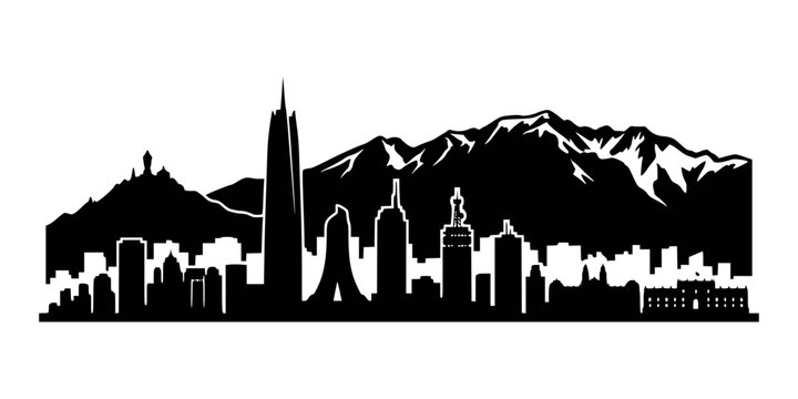 Black silhouette of a city skyline with big mountains isolated on white