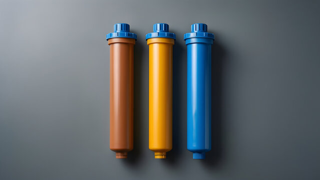 Three separate generic water-treatment membrane cartridges with complete end caps for advanced manufacturing, industrial technology and supply-chain campaign
