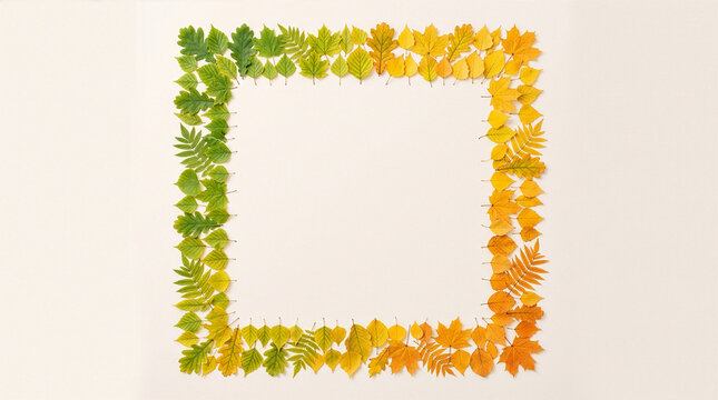 Delicate circular autumn leaf wreath flat lay with empty center for text.
