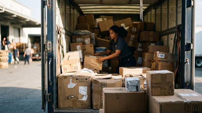 Delivery worker sorting packages inside a truck at a warehouse  