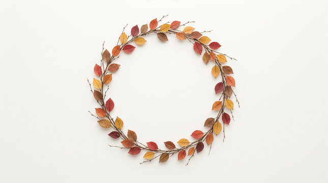Delicate circular autumn leaf wreath flat lay with empty center for text