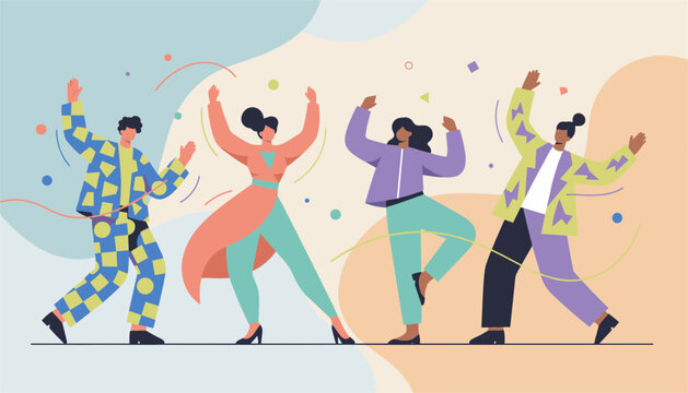 Diverse people dancing happily in colorful patterned outfits at a retro music party on abstract background.