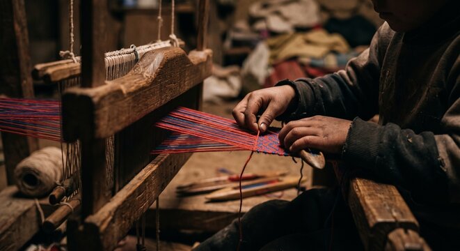 Artisan weaving colorful fabric on a traditional wooden loom in a rustic workshop.