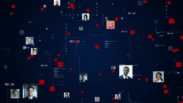 サイバースペースと多国籍の人々。DX、AI、SNS、ビジネス、グローバル、システム、顔写真、記録