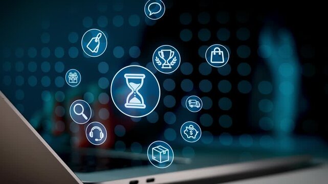 Icons representing various concepts are displayed around an hourglass on a laptop screen. The setting is a dark room at night. The screen lights up with symbols like a trophy and shopping bag.