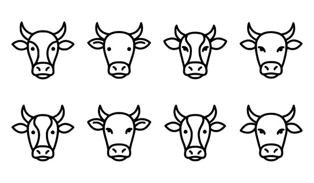 Set of cute cow head icons showing various facial expressions and horn styles in black and white outline vector illustration with beef cattle livestock portrait collection illustration