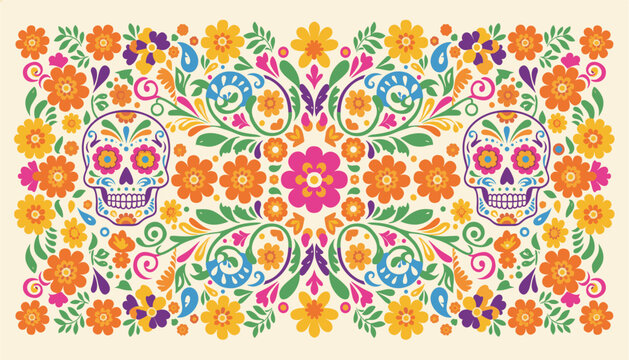 Day of the Dead banner with highly detailed skulls and vibrant Mexican folk art flowers captures traditional celebration designs.