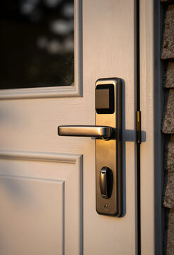 Smart home security and modern access control, digital door lock on a white residential entrance with sunlight