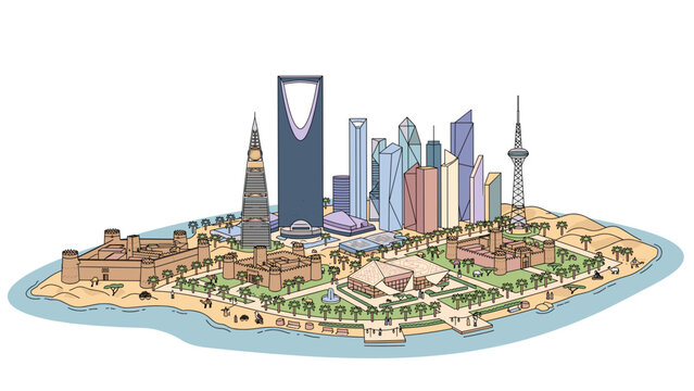 Riyadh Saudi Arabia skyline landmarks isometric vector illustration