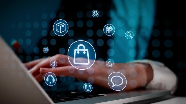 A person is using a laptop with icons related to online shopping and security appearing around their hands. It shows the activity of e-commerce.