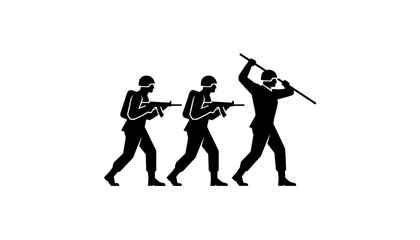 Naklejka premium Black silhouette illustration of three military soldiers in helmets marching forward with weapons on white background.