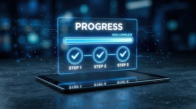 Successful project management concept with a 100% progress bar and three completed steps over a tablet.