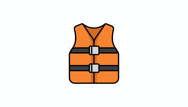 Flat vector illustration of bright orange life jacket with gray straps and metal buckles, representing water safety and rescue gear.