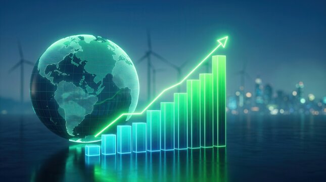 Sustainable investment and renewable energy market growth shown with a rising financial chart and digital earth.