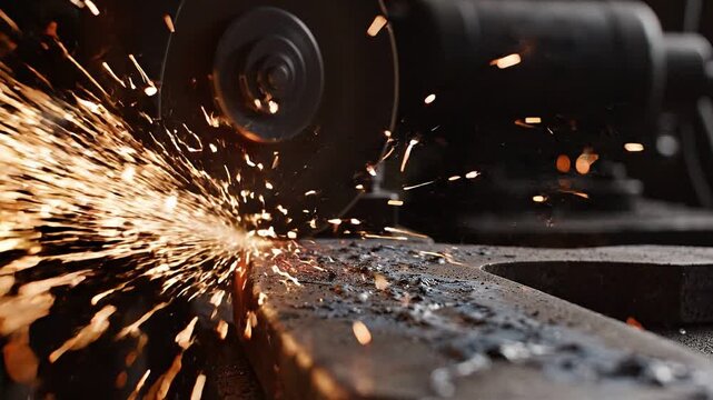 Industrial grinder cutting and smoothing metal with intense sparks, showing abrasive machining, fabrication, workshop safety and manufacturing technology