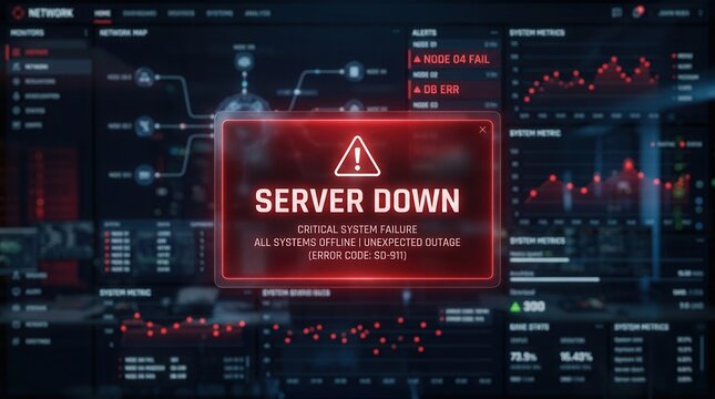 Technical failure and network diagnostics shown on a server down error dashboard.