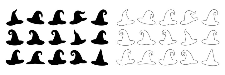 Assorted witch hat silhouettes and line art outlines for creative halloween crafts isolated on transparent background. © SAYEMART