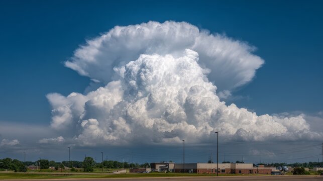 Massive Cumulonimbus Thunderstorm Cloud Towering Above Urban Industrial Landscape Dramatically