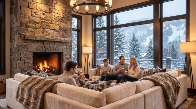 Family relaxing on a plush sofa by a stone fireplace inside a luxury winter ski chalet in Aspen. Large windows reveal heavy snowfall and beautiful pine trees right outside.