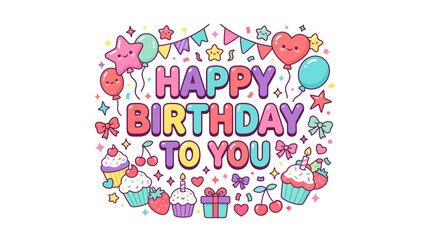 Obraz premium Happy birthday vector lettering design featuring colorful festive elements like decorative balloons cute cupcakes sparkling confetti and gift boxes arranged in a whimsical and charming composition