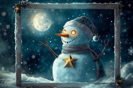 Magical snowman with twinkling eyes and a golden star at night