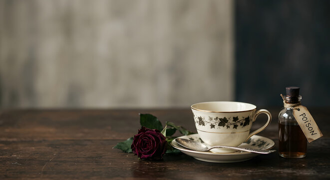 Tea Sets & Poison: Elegant vintage porcelain tea set with a single rose and a small vial of dark liquid beside the teacup