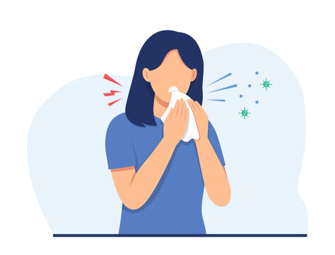 Woman sneezing into a tissue with virus symbols around her. Flat vector illustration for cold, flu, respiratory symptoms, healthcare, hygiene, and wellness concepts.
