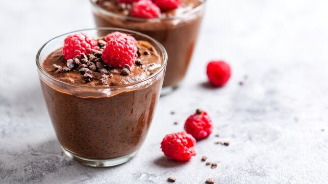 Chocolate Chia Seed Pudding topped with Fresh Raspberries and Nibs