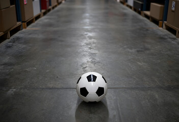 Work life balance and corporate culture, soccer ball on warehouse floor play and leisure in a business setting
