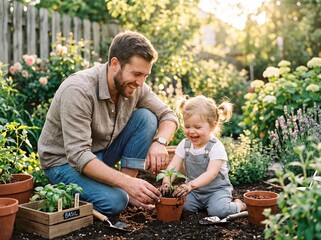 Fototapeta premium Happy Father and Young Daughter Planting Seedlings in Backyard, Sunny Morning Family Garden Lifestyle Photography, Cute Toddler Candid