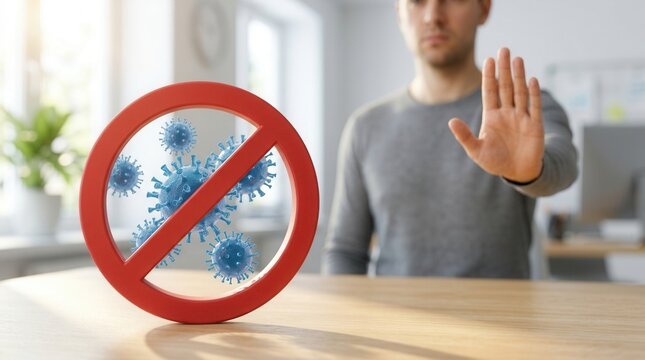 Virus prevention strategy and infection control measures in the workplace with a stop sign concept.