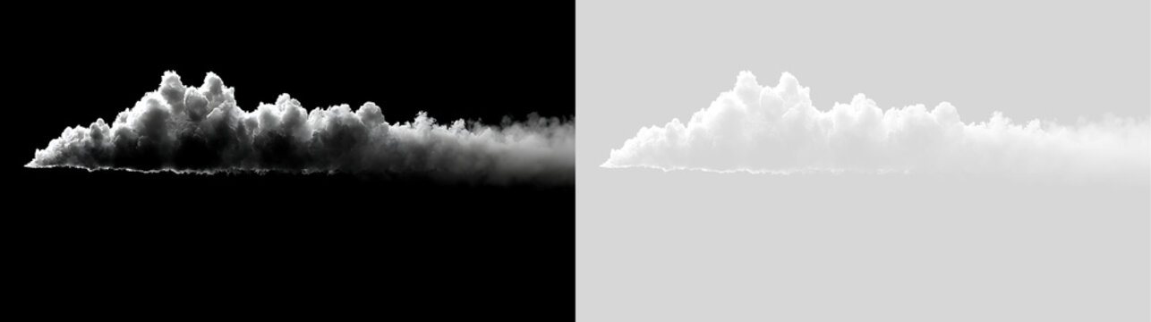 White rocket smoke trail and plume visual effect on black and transparent background. Isolated smoke blast element for design