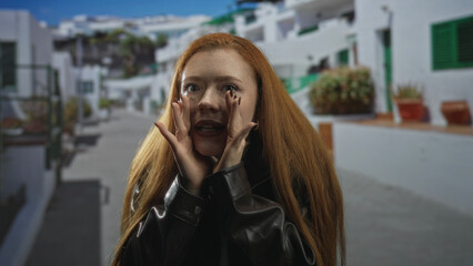 Fototapeta premium Redhead woman cups her hands around her face and pulls cheeks outward while wearing a black leather jacket on a sunny street lined with white buildings and potted plants; surprise curiosity.