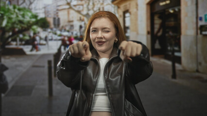 Fototapeta premium Redhead woman in leather jacket raising fists and pointing forward on a busy street with blurred pedestrians and shopfronts, white crop top visible and eyes closed in a smile; joy celebration.