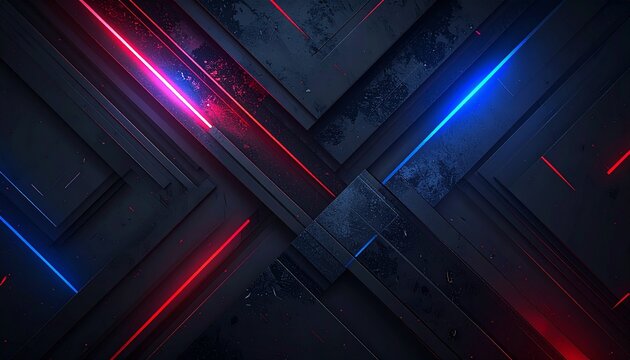Dark digital artwork featuring diagonal overlapping abstract shapes, glowing neon accents, and futuristic geometric elements, creating a dynamic modern composition suitable for technology, design, bac