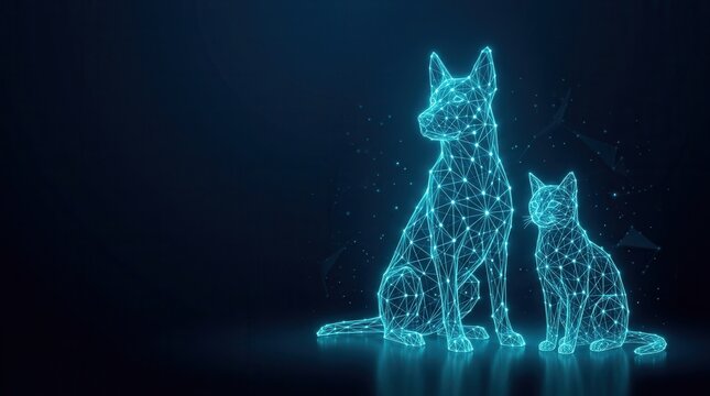 Wireframe cat and dog silhouettes illuminated against a dark background.