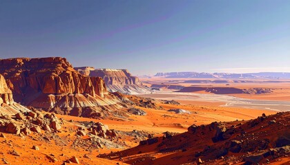 Naklejka premium Panoramic landscape of the rocky, reddish orange surface of Mars, featuring rugged terrain, scattered stones, distant hills, and an expansive barren horizon beneath the dusty Martian sky.