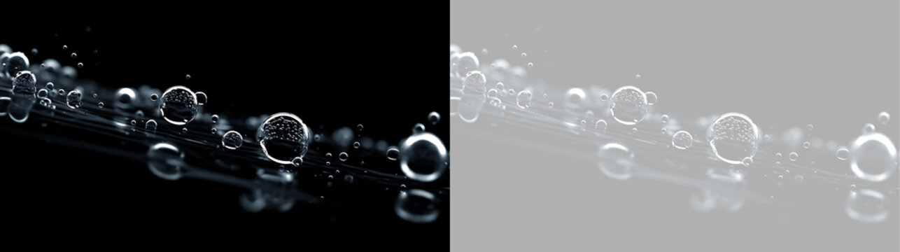 Shimmering transparent water droplets floating over wave background. Abstract liquid bubbles overlay design element with transparency grid