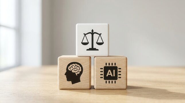 Wooden blocks representing AI chip, human brain, and justice scales for artificial intelligence ethics and legal compliance.