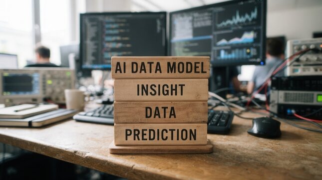 Wooden Blocks with Prediction, Insight, Data, and AI Artificial intelligence data model prediction insight