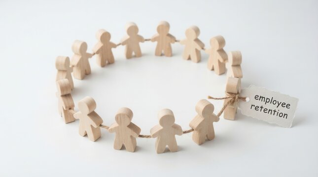 Wooden Figures Circle Linked by Rope with 'Employee Employee retention concept peg figurines