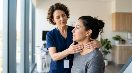 Obraz premium Doctor examining patient's neck for thyroid issues in medical clinic