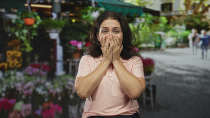 Fototapeta premium Woman smiling and covering mouth with hands, wearing pink polo shirt, middle aged, standing in a street flower market; surprise reaction.