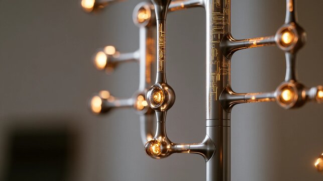 Commercial Photo of Satin Titanium Branching Skill Tree Structure with Sapphire Glass Nodes for Gamified HR and Decision Matrix Concept
