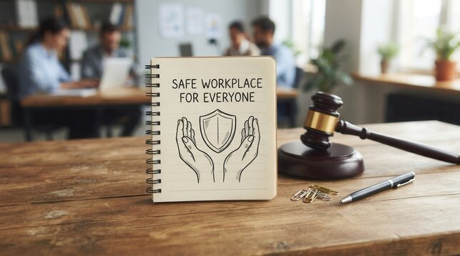 Workplace Safety Concept: Notepad with Shield Drawing on Safe for everyone legal concept