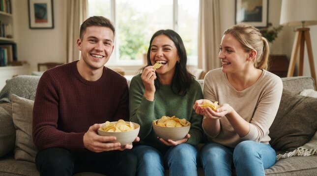 Young friends enjoying snacks on couch in cozy Closeup image of sharing and eating potato