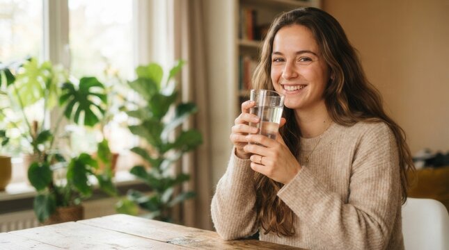 Young woman in beige sweater holding glass of Closeup image