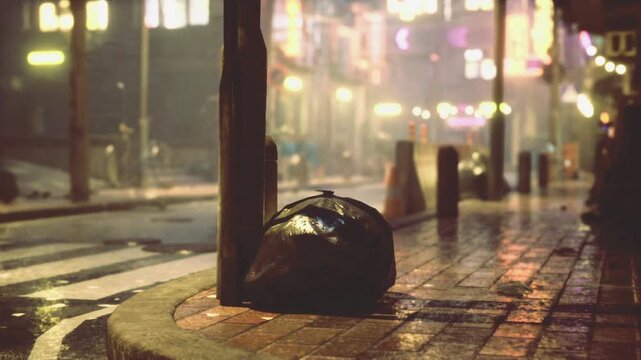Glowing signage illuminates wet empty street, single black garbage bag rests by utility pole, neon reflections shimmer on puddles, distant headlights and fog